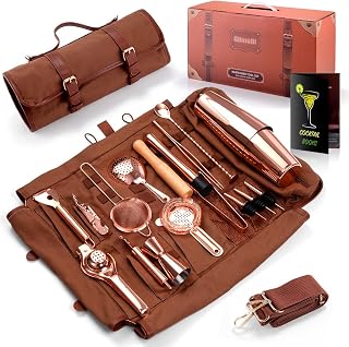 Travel Bartender Kit Bag, 17-Piece Bar Tool Set Professional Cocktail Bar Set Portable Waxed Canavs Bar Kit Bag with Shoulder Strap for Bar Bartending, Parties, Camping Trips
