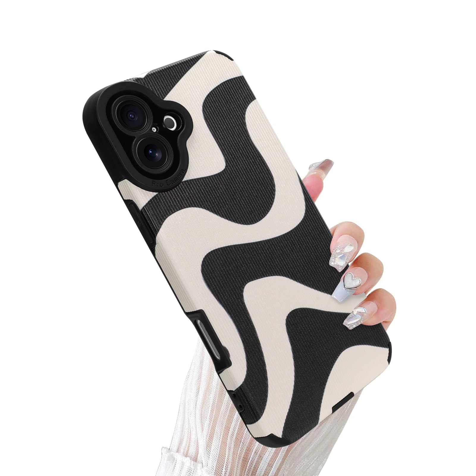 Wlxee Case for iPhone 16 Plus Wave Pattern Soft TPU Bumper PU Leather Cute Zebra Cover Designed for Female Girls - Black White