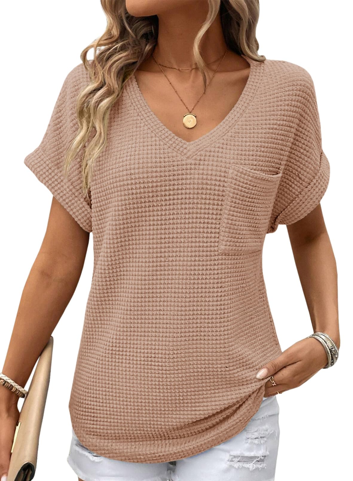 Dokotoo Womens Waffle Knit Tops 2025 Fall Summer V Neck Shirts Casual Trendy Women’s Blouses Basic Tee