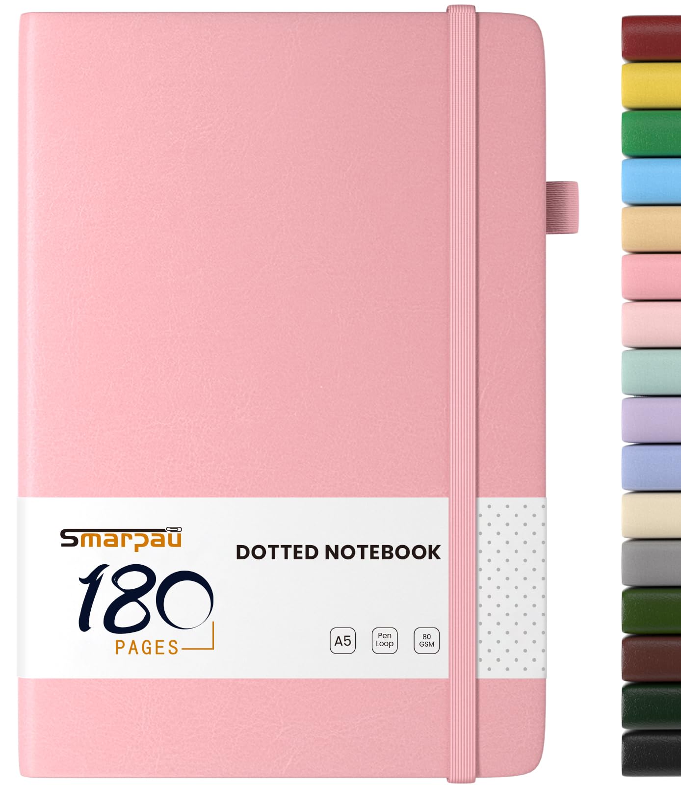 Smarpau Dot Grid Notebook A5, Bullet Journal Notebook with 180 Pages Paper, Hardcover Leather Dotted Journal for Women Men, No Bleed for Office School Travel Writing, Pink