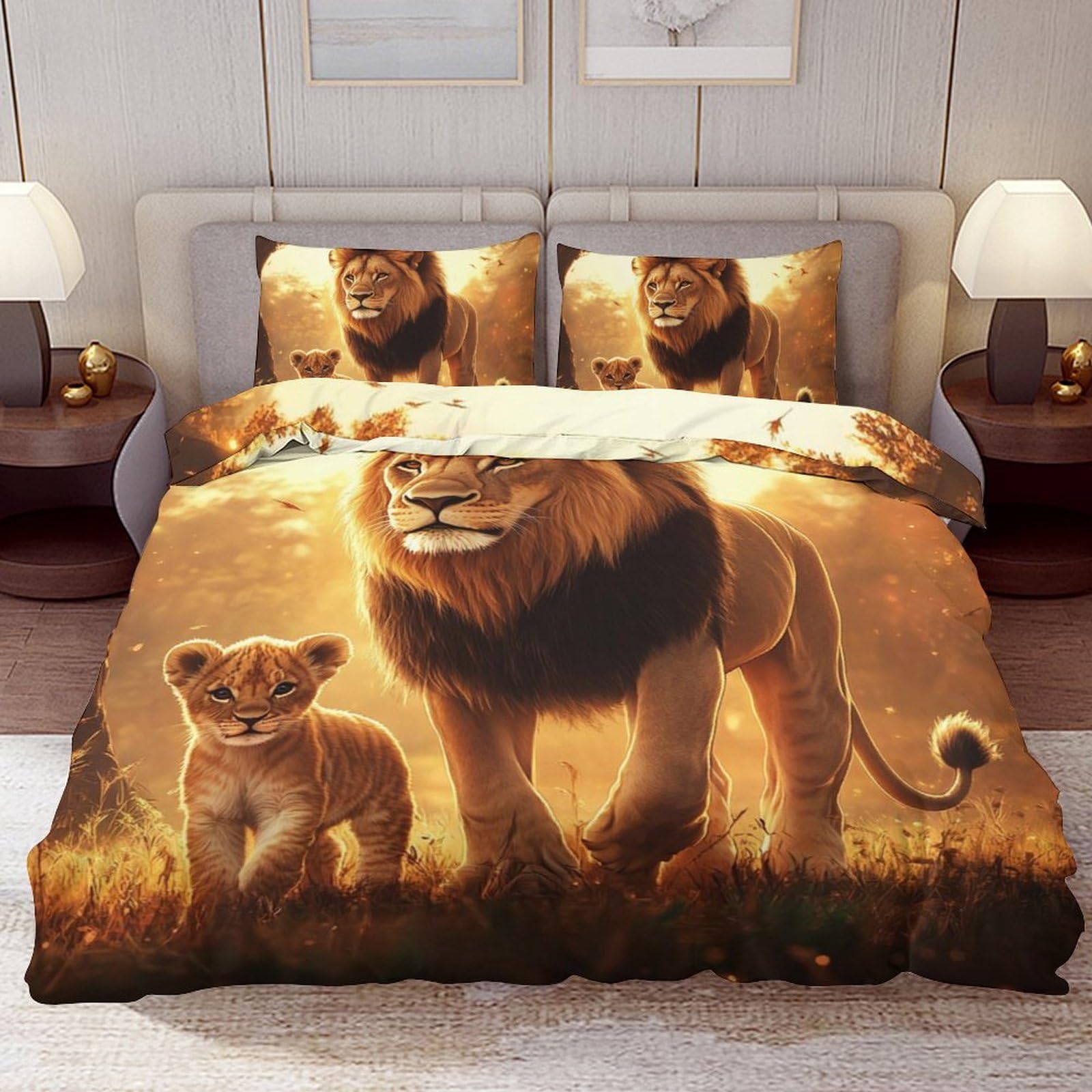 Delerain Comforter Cover Set King Size, Lion and Cub Lion 3-Piece Bedding Set for Women Men Modern Soft Microfiber Bedroom Set Room Decor, 1 Duvet Cover + 2 Pillowcases