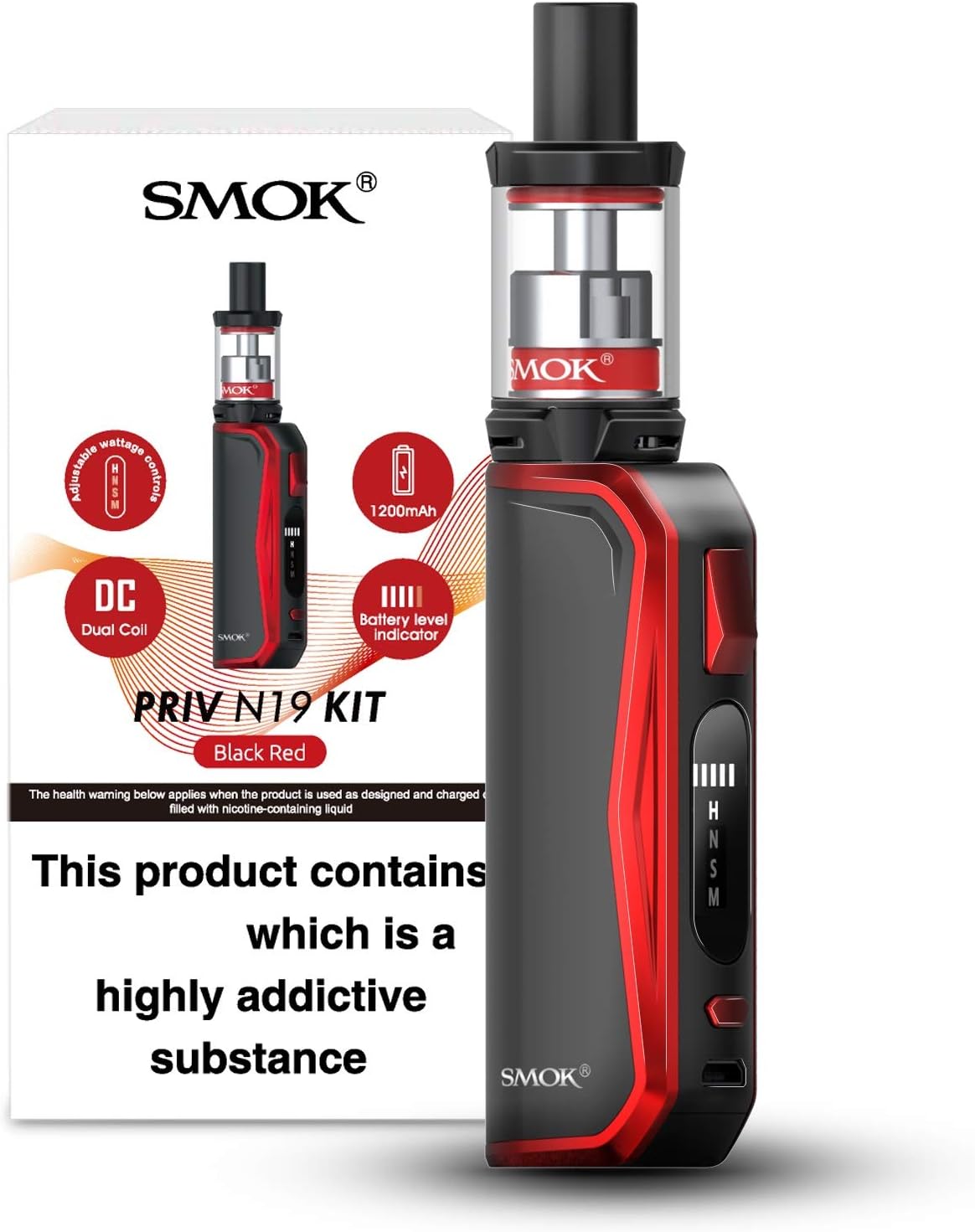 PRIV N19 Refillable Vape Kit [Red Black] - Cracking Compact Pen Style Starter Kit with 1200mAh Battery, Compatible with all Nord Coils, Rechargeable E Cigarettes, No Nicotine