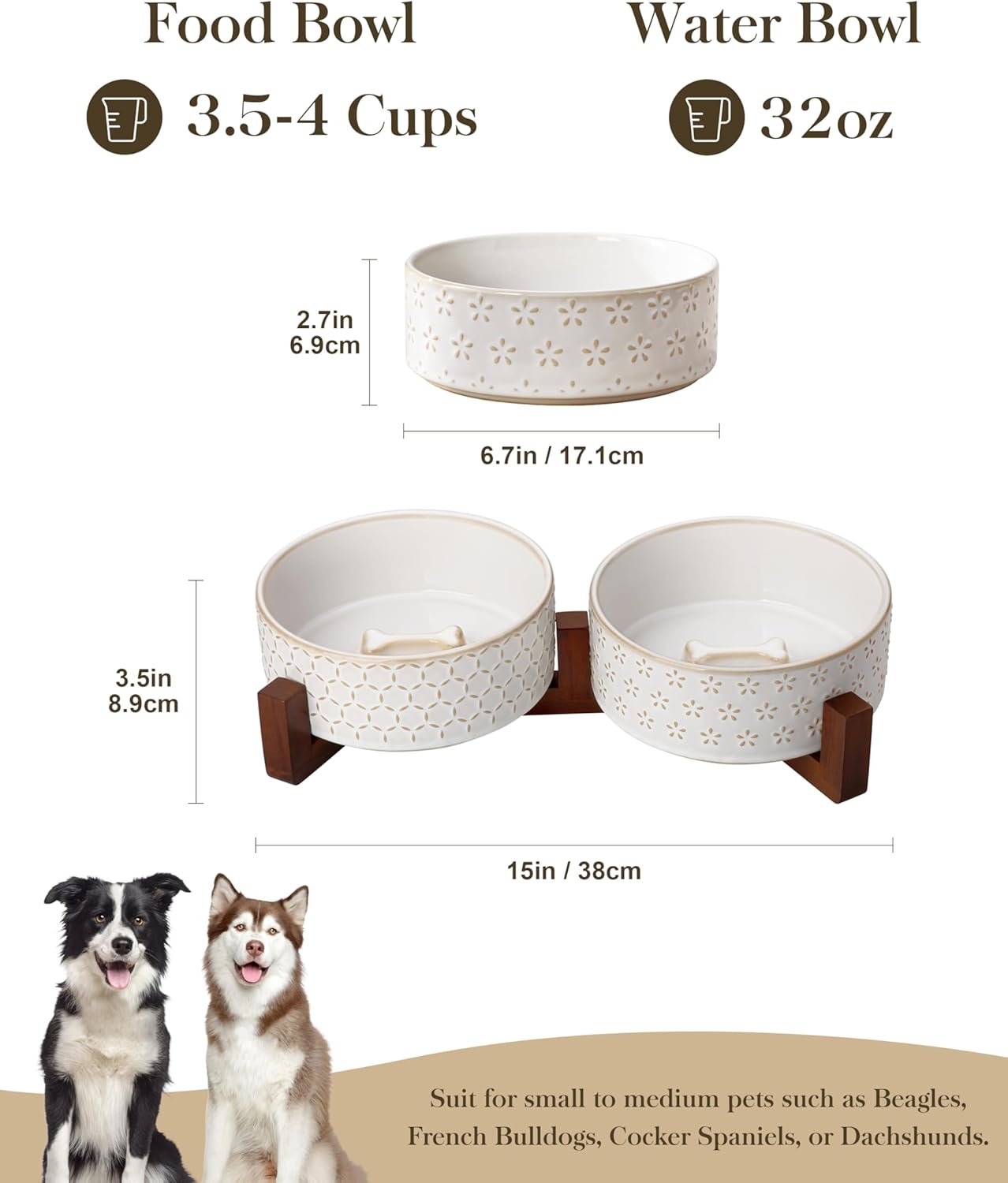 MALACASA Dog Bowl Set with Walnut Wood Stand, 3.5 Cups Ceramic Pet Bowls for Puppy Dogs, Dual Food and Water Bowls with Non-Slip Base, Basic Bowls for Your Dog or Cat, Five-Leaf Grass & Honeycomb - Image 2