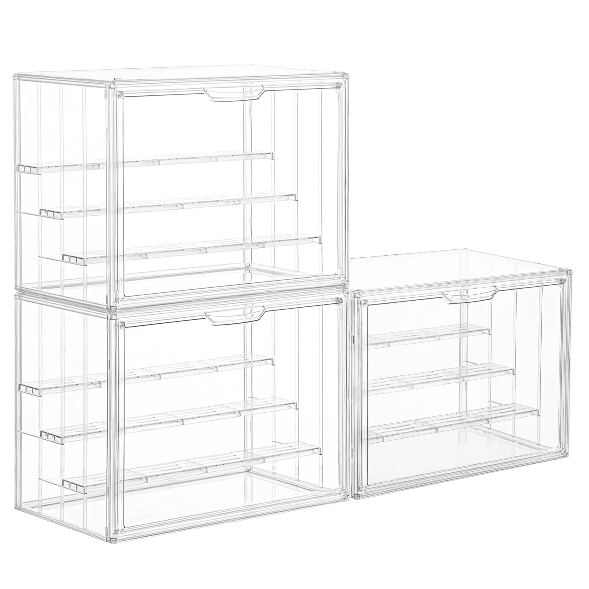 Vitrina acrílica transparente para figuras, estante de exhibición de figuras de 4 capas con 3 placas móviles, caja de exhibición apilable con puerta magnética para coleccionables, paquete de 3