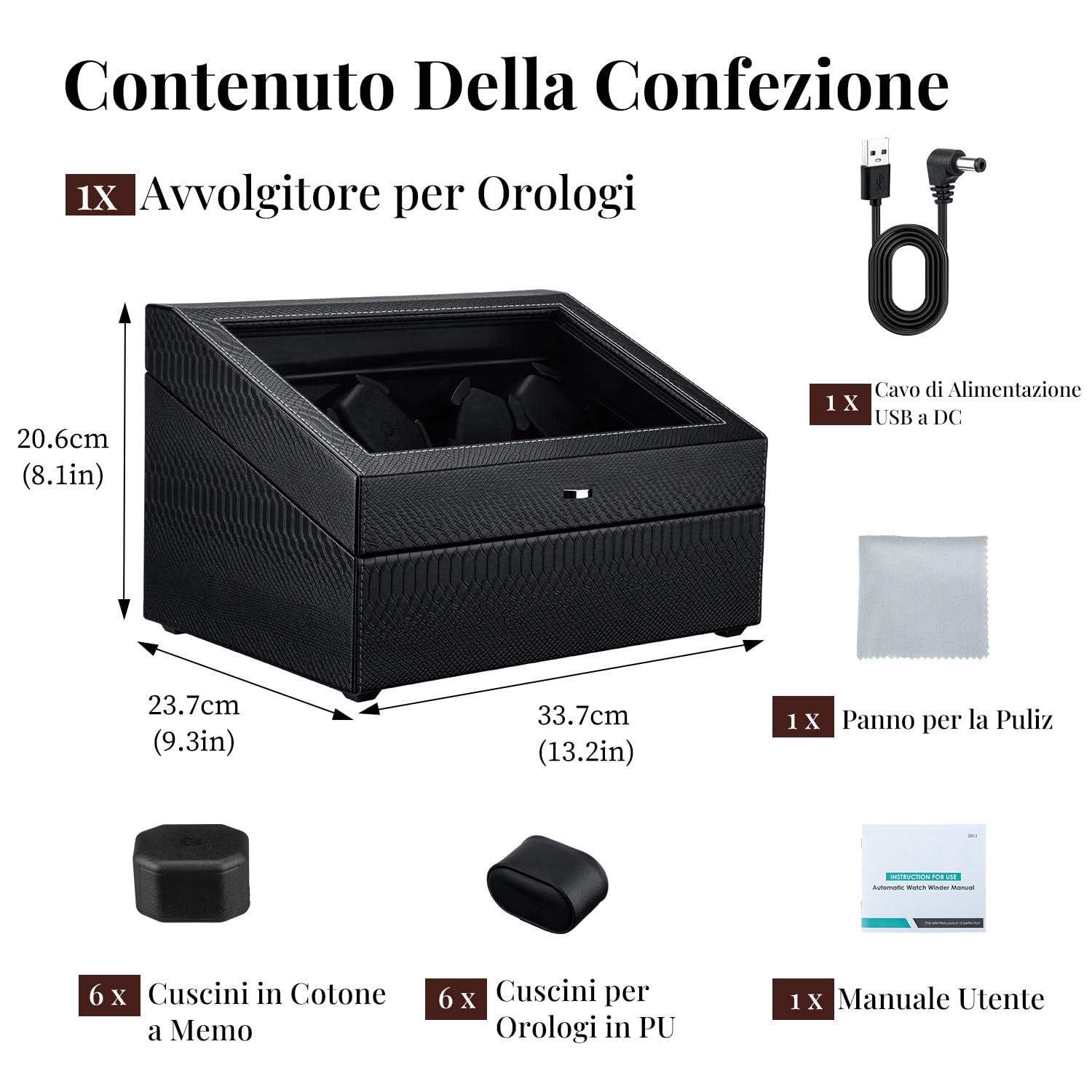 Mcbazel Carica Orologi Automatico Ultra Silenzioso con Luce LED, Scatola di Conservazione di Lusso per 6 Orologi con 5 Modalità di Rotazione e 6 Posizioni di Conservazione Aggiuntive