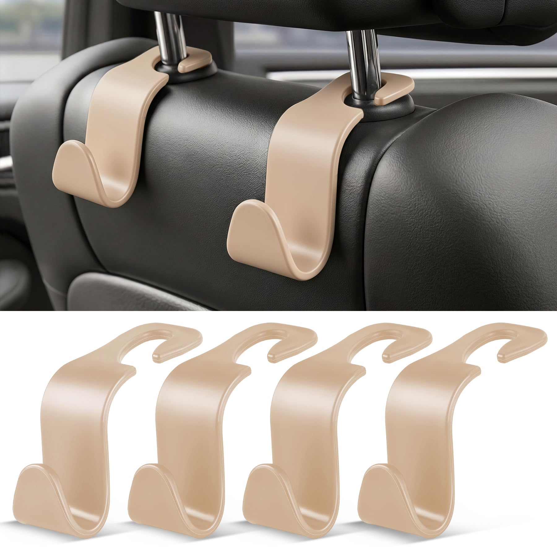 SINGARO 4 Pack Car Seat Headrest Hooks, Vehicle Back Seat Hanger Storage Organizer for Purse Handbag Backpack Coat Grocery, 360° Rotating Heavy Duty Holds 44lbs, Beige