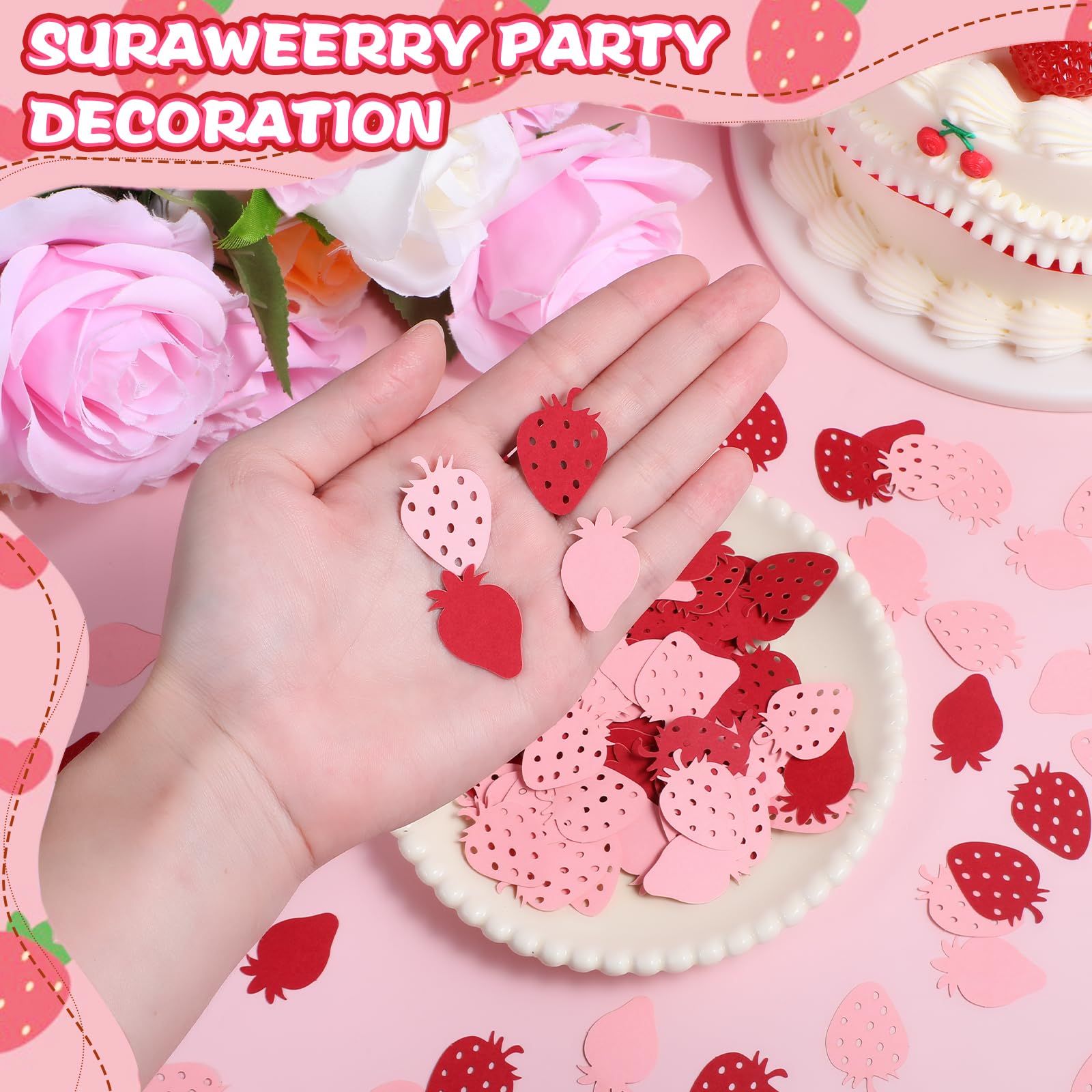 100 Confettis Papier Fraise – Rouge Et Rose – 4 Styles – 2,95 Cm – Décoration Fête, Anniversaire, Baby Shower