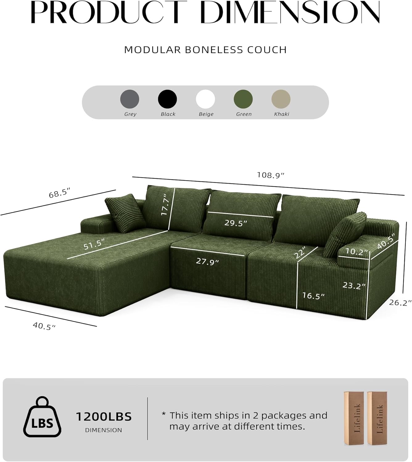 Lifelink 108" Boneless Couch L-Shaped Modular Sectional: Couches for Living Room - Cloud Sofa with Deep Seat High Back - Oversized Left Facing Chaise - No Assembly Required - Green thumbnail