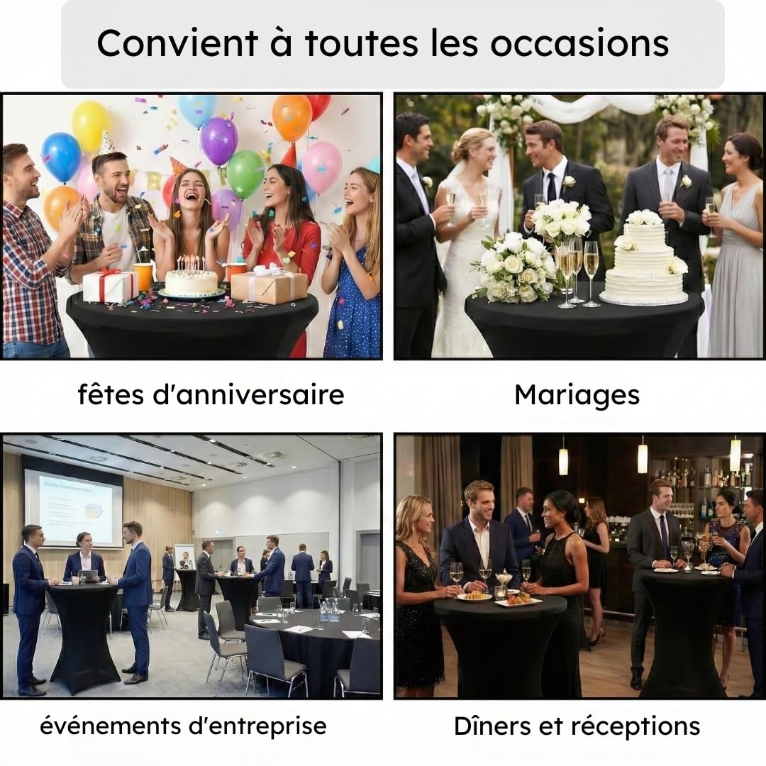 Saaf Jupes de Table Haute de Luxe Noires - Lot de 4 - Housse Extensible pour Table Haute ∅ 80-85 cm - Housse Élastique Lavable - pour Fêtes et Événements