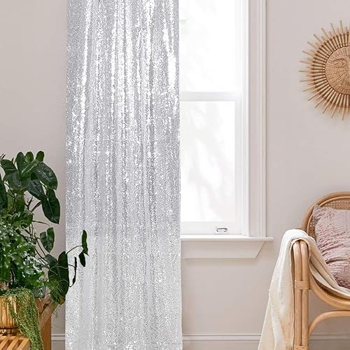 Miniatura 4 de PartyDelight Cortinas de fondo de lentejuelas brillantes plateadas de 2 x 8 pies, 2 paneles, para bodas, fiestas, decoración de habitaciones.