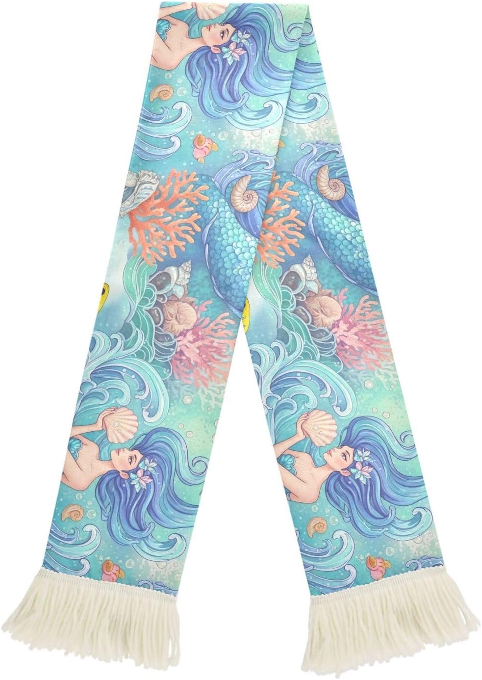 CHIFIGNO Mermaid Blue Ocean Sports Fan Scarf Towel, 100% Polyester Quick Dry Cheering Scarf for Soccer Games, Soft Fringe Ends Rally Towel