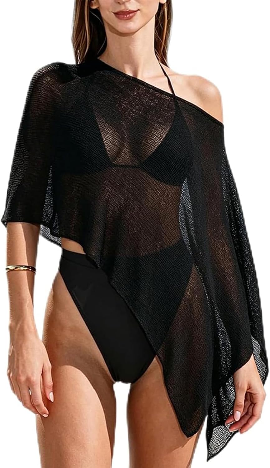 Women Sheer Poncho Top Lightweight Knit Crochet Shrug Bolero One Shoulder Mesh Sweater Cover Up Beachwear