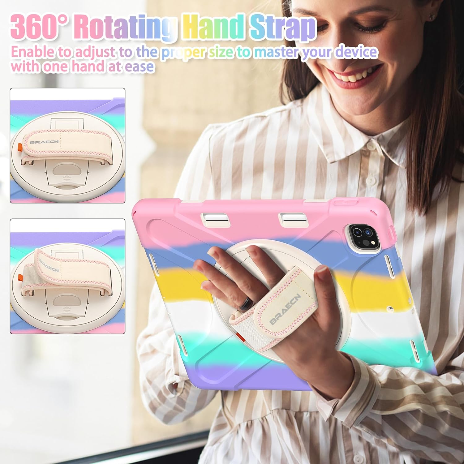 BRAECNstock Kids Case for Apple iPad Air 13 inch (M3/ M2)/ Pro 12.9 inch 6th/5th/4th/3rd Geneation, Shockproof Protective Case with Pencil Holder, [360° Rotating Hand Strap + Stand], Colorful Pink - Image 3