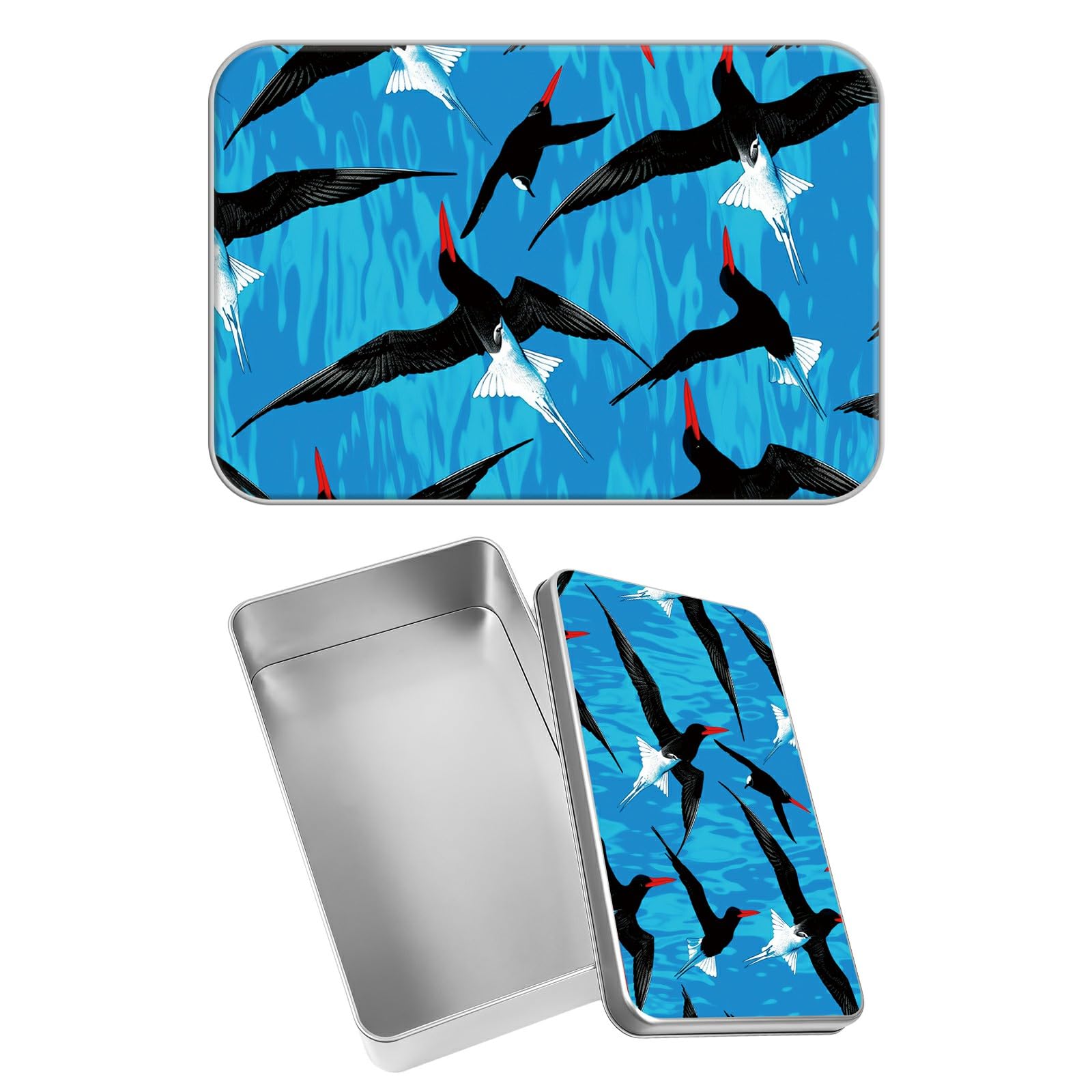 Rectangular Metal Tin Box with Removable Lid, Seagulls Decorative Printed Metal Storage Container for Jewelry Pen Eraser Pill Candy Craft 4.9 x 3.54 x 1.57 inch– Single Pack
