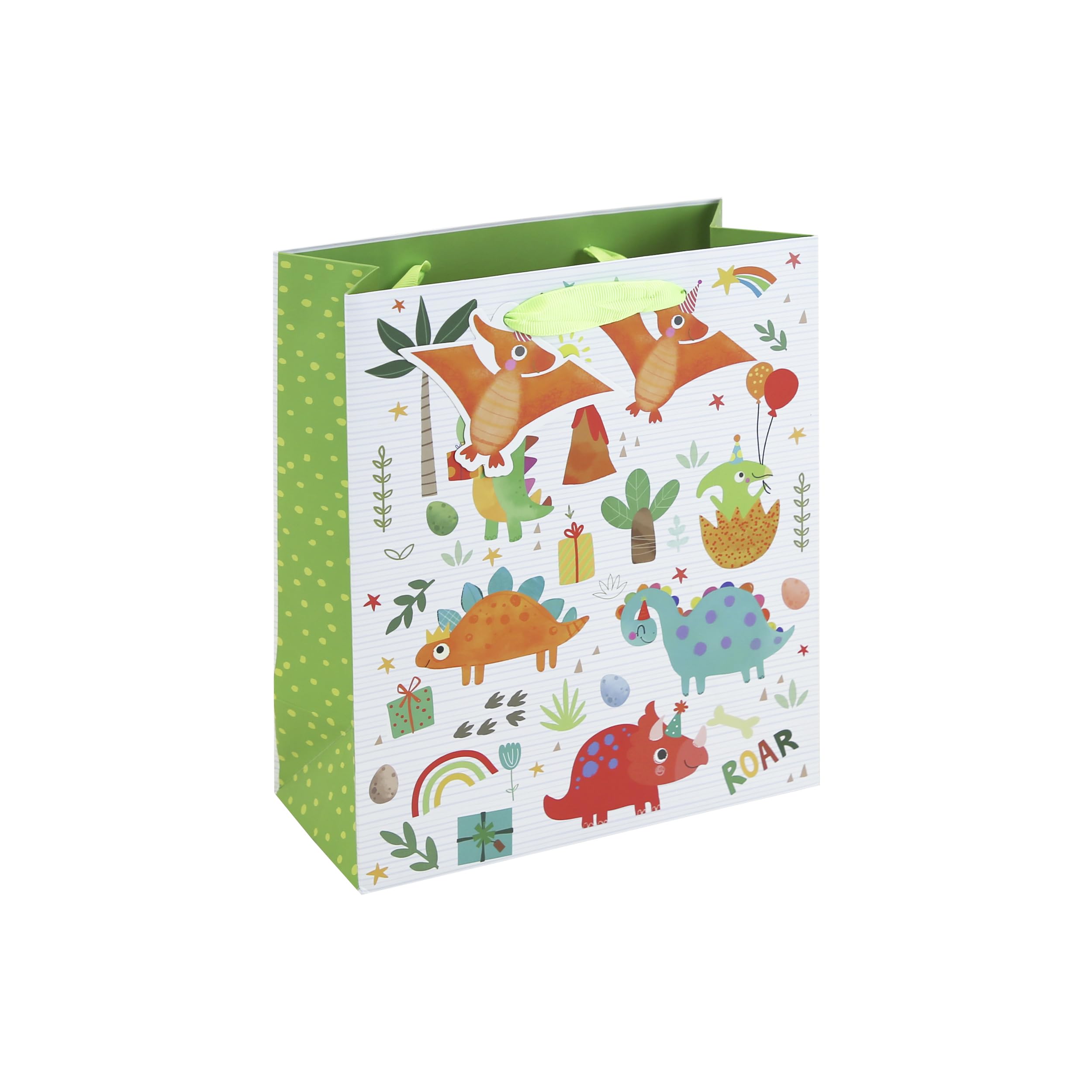 Eurowrap Dinosaur Medium Gift Bags Pack of 3 – Colourful Dino Present Bags with Party Illustrations, Yellow Inside Print with Stars, Ribbon Handles & Tags – Birthday & Celebration Gift Packaging