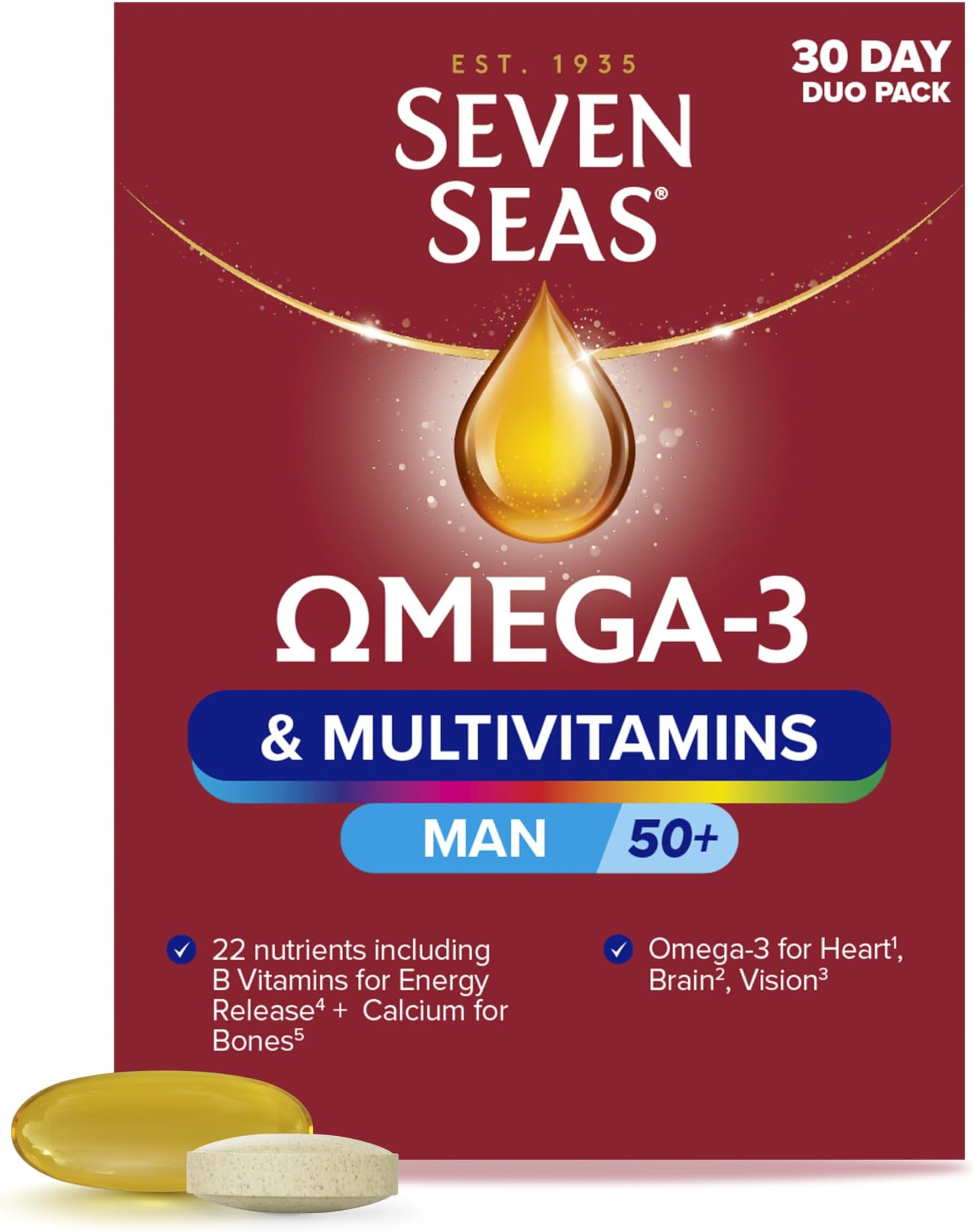 Seven Seas Omega-3 and Multivitamins Man 50plus, 30-Day Duo Pack, with B Vitamins and Calcium, 30 Omega-3 Capsules and 30 Multivitamin Tablets