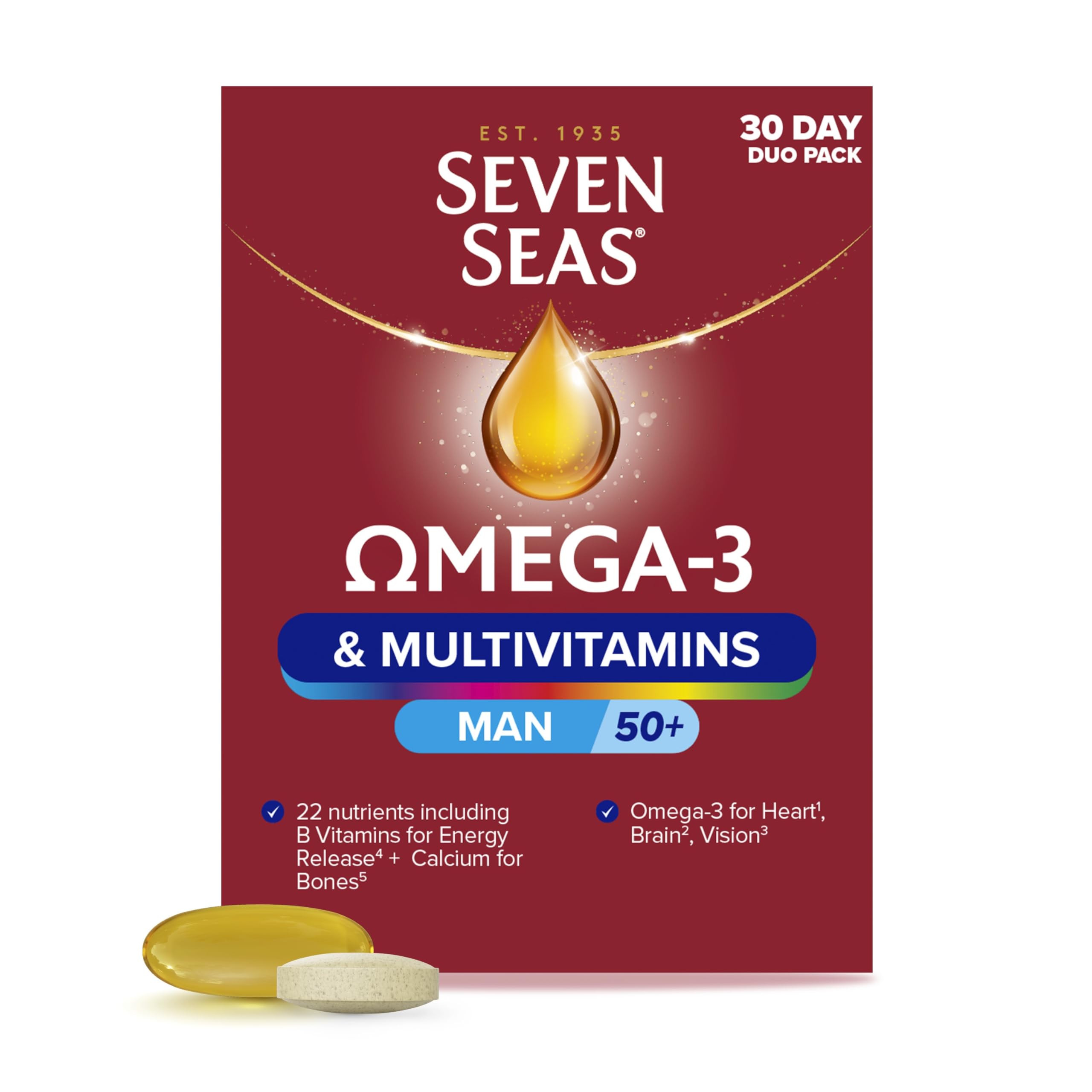 Omega-3 and Multivitamins Man 50plus, 30-Day Duo Pack, with B Vitamins and Calcium, 30 Omega-3 Capsules and 30 Multivitamin Tablets