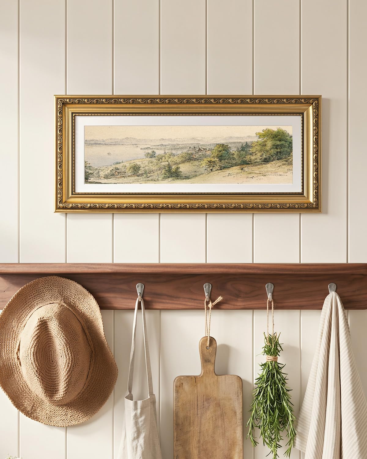 VIYYIEA Gold Framed Wall Art With Glass, Vintage Panoramic Mountain Lake Landscape Canvas Painting, Watercolor Nature Scenic Illustration Wall Decor for Entryway Study Hallway, 7×16inch