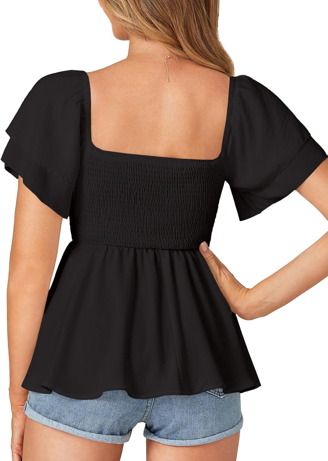 LYANER Women's Square Neck Smocked Peplum Top Ruffle Short Sleeve Babydoll Shirred Blouse - Image 2