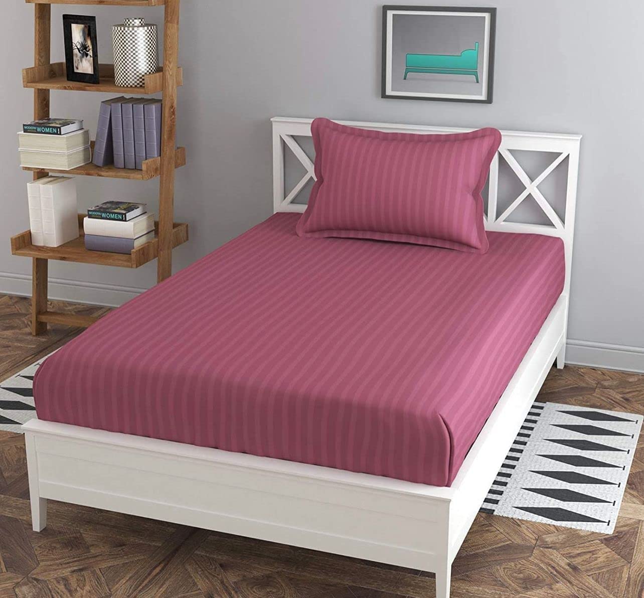 NHD HOME 210 Tc Glace Cotton Sartin Striped/Plain Bedsheets for Single Bed Coat/DiwanSize Bed with One Pillow Covers for Home-Hotels-Guest House, Color- Pink (Bargandi)-picture-16