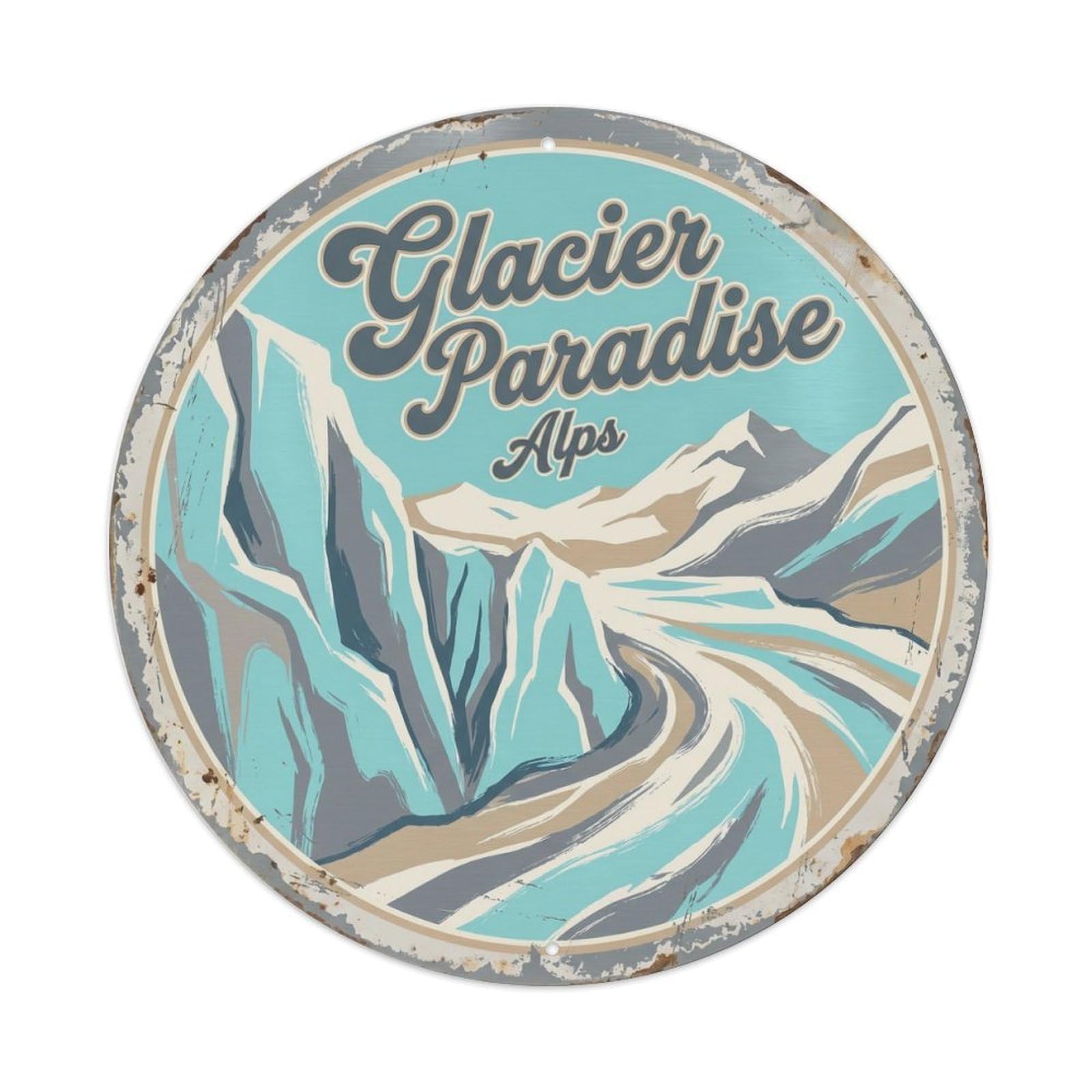 Vintage Travel Glacier Paradise Alps Metal Tin Sign Plaque Wall Decor for Cafe, Club Bar, Office, Home Garden Round Metal Poster 8x8Inch
