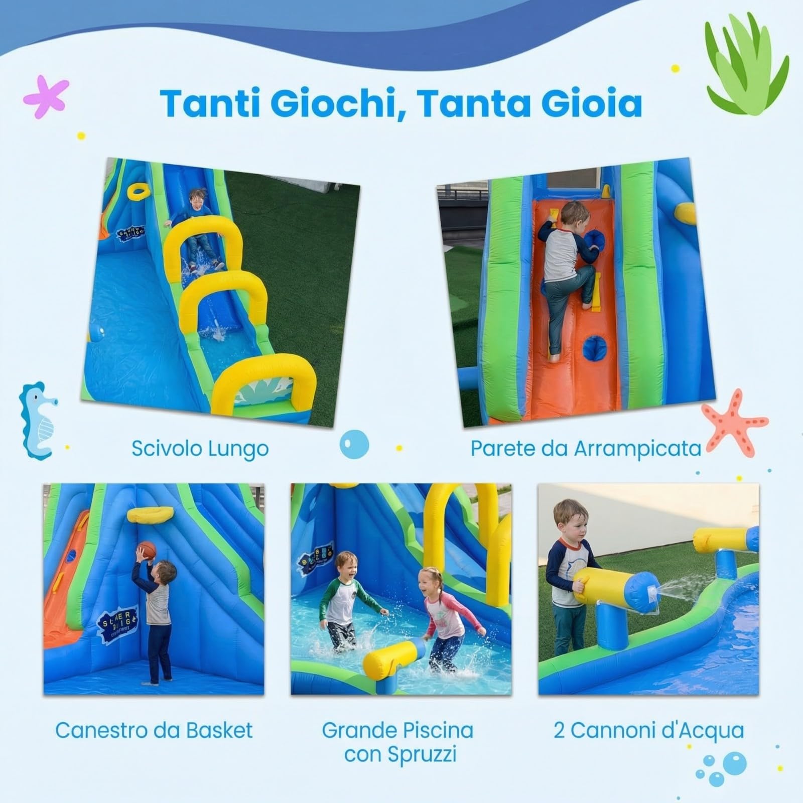 COSTWAY Castello Gonfiabile Per Bambini, Con Scivolo, Piscina e Muro Arrampicante, Per 4 Bambini 4-12anni, Con Borsa di Trasporto e Kit di Riparazione, Regalo Perfetto per Bambini (Senza soffiatore)