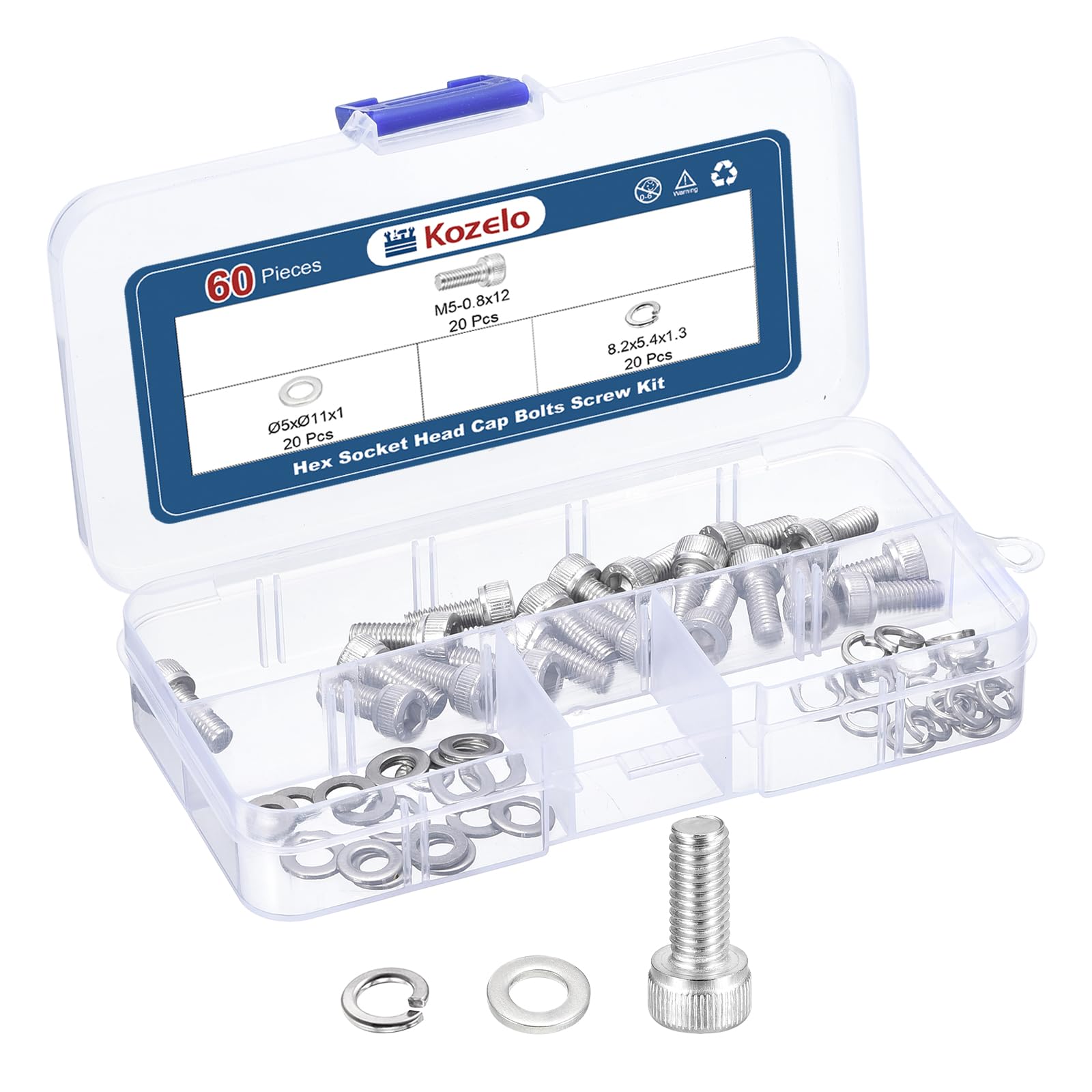 Kozelo 60pcs M5 Socket Head Cap Screws Bolts Nuts Assortment Kit - [M5x12mm] 304 Stainless Steel Allen Socket Drive for 3D Printer