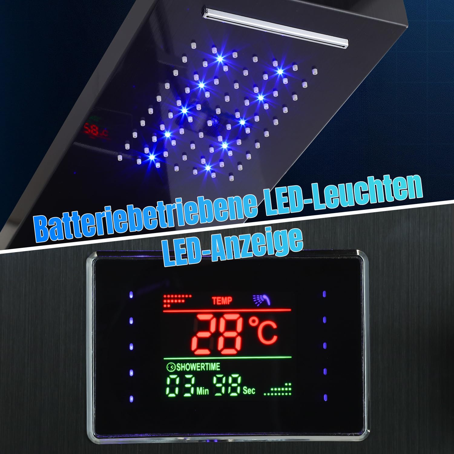 Panel de ducha de acero inoxidable con 6 funciones, indicador de temperatura LED, lluvia y cascada, ducha de mano y chorros de masaje