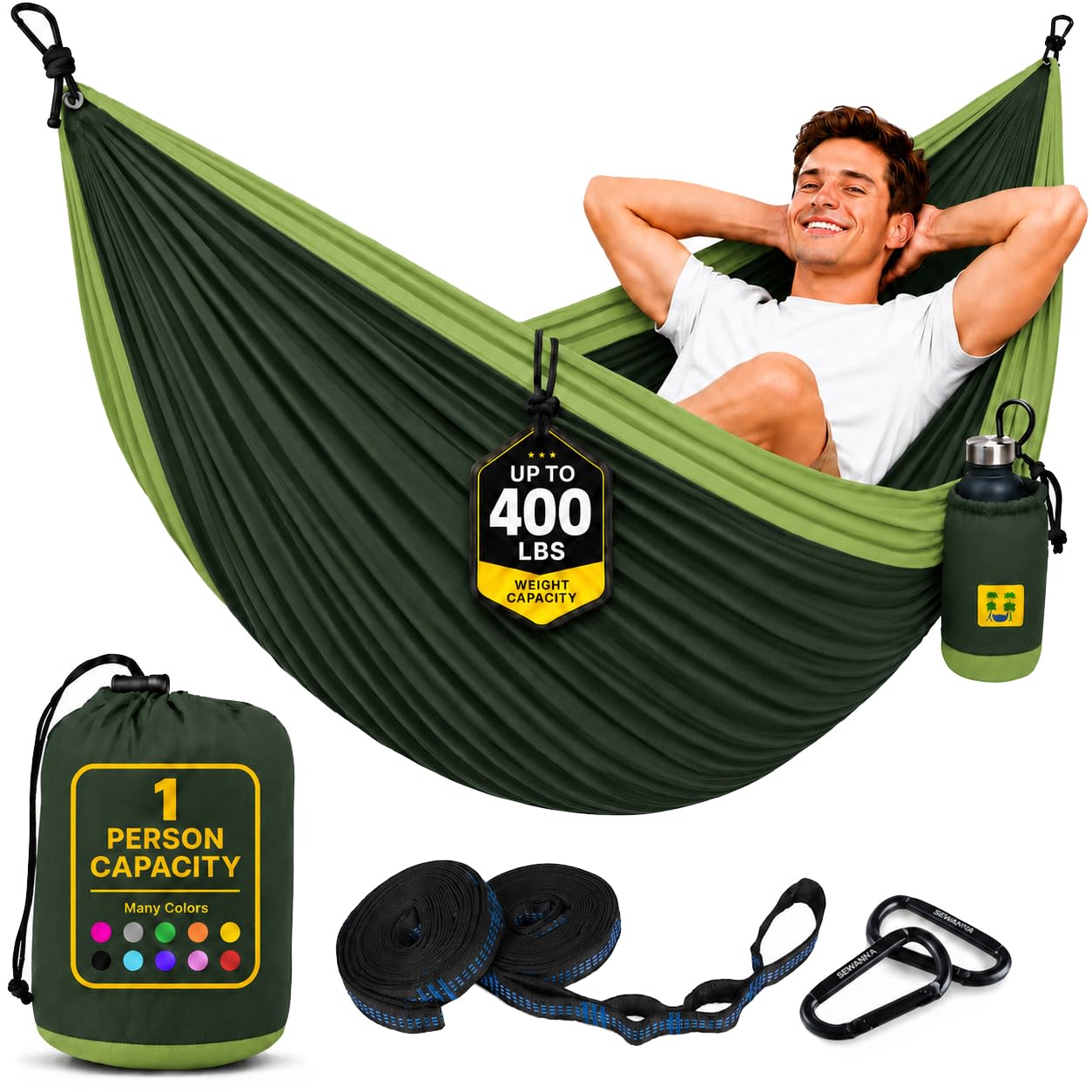 Durable Hammock 400 lb Capacity, Nylon Camping Hammock Chair - Double or Single Sizes w/Tree Straps and Attached Carry Bag - for Travel/Backpacking/Beach/Backyard (Medium, Forest Green &amp; Lima Green)