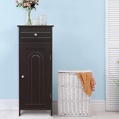 Miniatura 4 de HAPPYGRILL Armario de piso de baño, organizador de armario de almacenamiento de piso de una sola puerta con cajón y estantes ajustables de 3