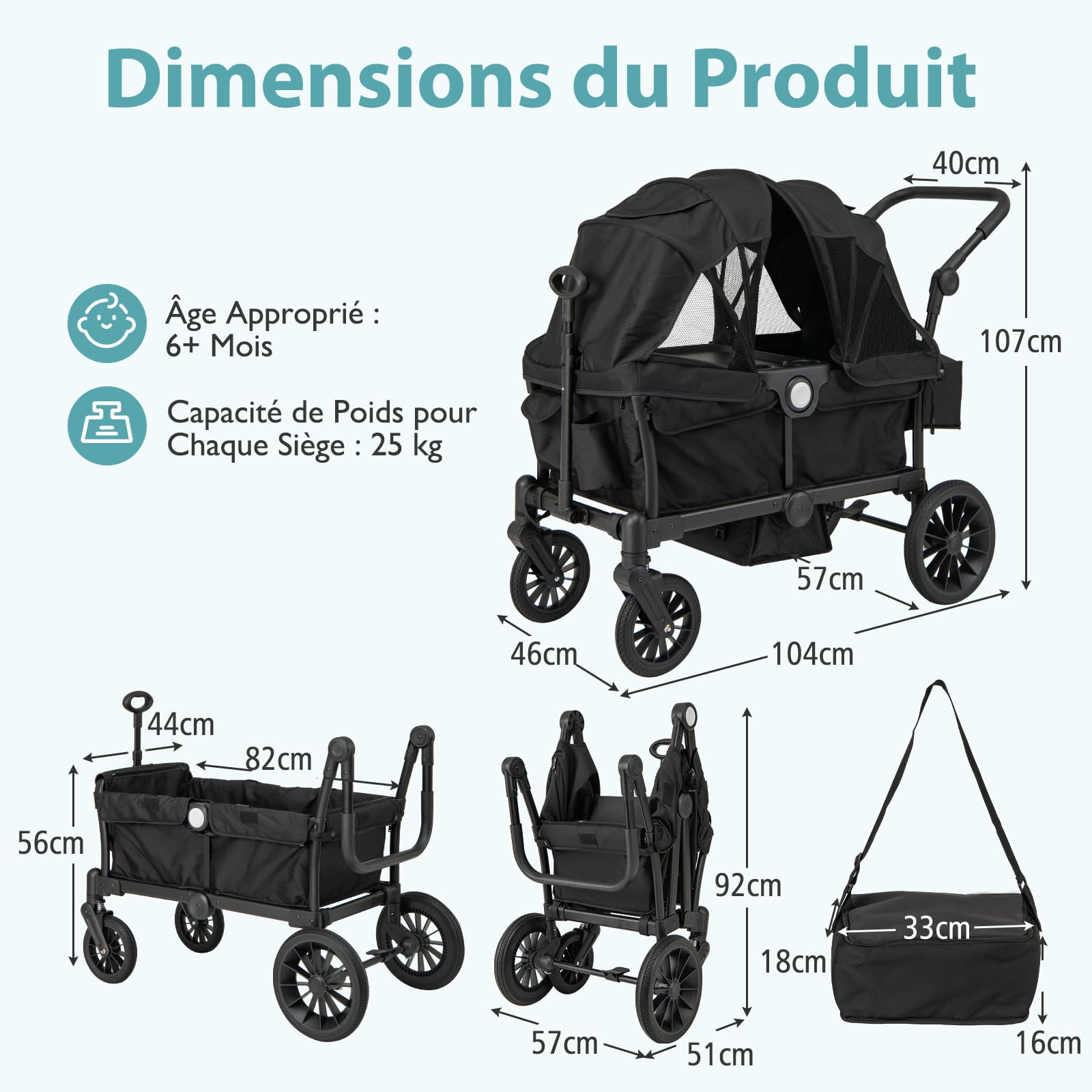 GOPLUS Poussette Double Bébé 6+ Mois, Poussette Landau Pliable avec Roues Tout-terrain, Canopée Pliable, Poignée Réglable, Ceinture de Sécurité, Espace de Rangement, Charge 25KG (Noir)