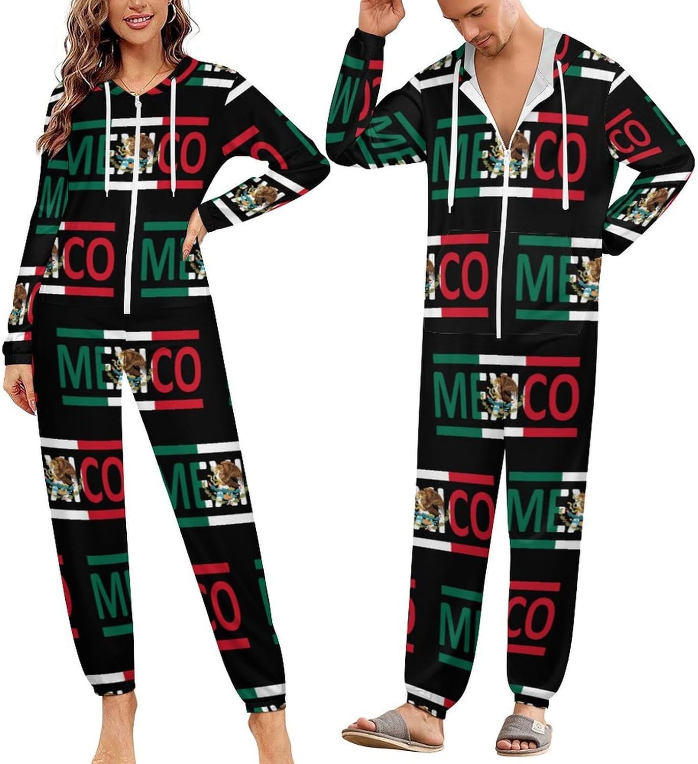 Mexican Flag Adult Pajamas Onesie with Hood Pocket Jumpsuits One Piece Sleepwear