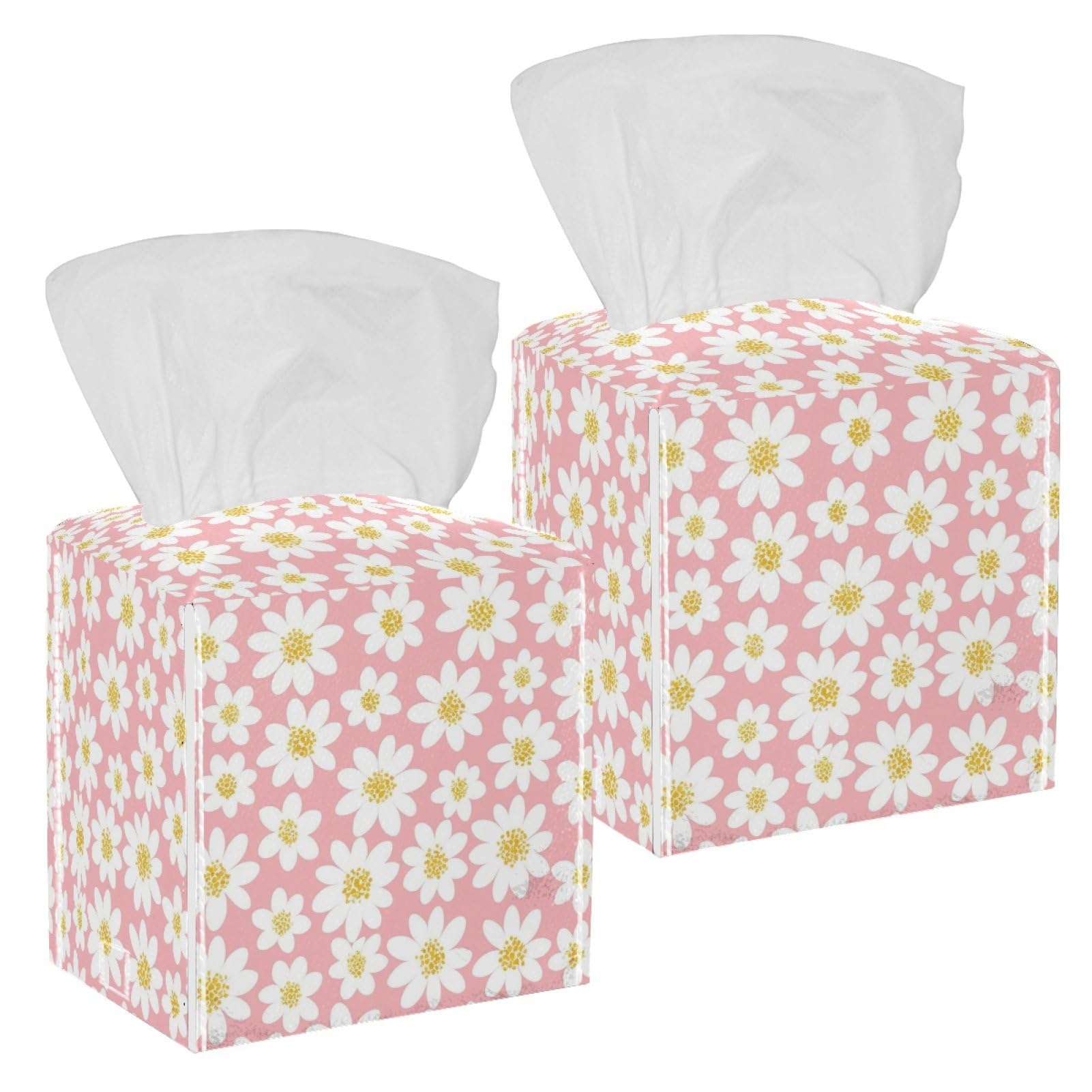 Flower Tissue Box Cover, 2 Pack PU Leather Square Facial Tissue Dispenser Box holder for Home Office Car