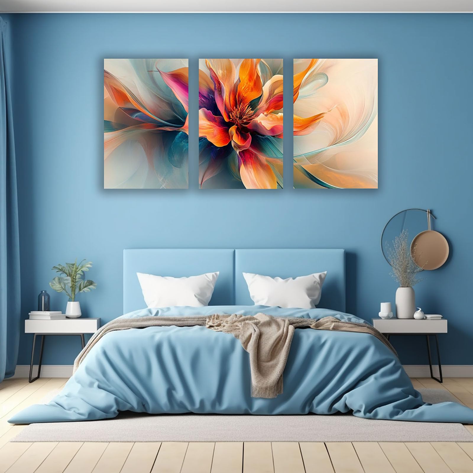AMXBZC Zestaw 3 nowoczesnych abstrakcyjnych dzieł sztuki na płótnie, nowoczesny, kwiatowy plakat, motywacyjne, obrazy do salonu, sypialni, dekoracja łazienki, dekoracja ścienna (pomarańczowy) - 50 x