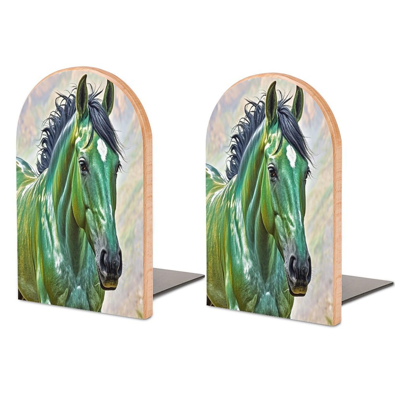 Green Horse Bookend for Shelves Unique Book End Sturdy Books Holder Heavy Duty Wooden Bookends Support Non-Slip Book Organizers Decorative Modern Bookend Holder for Home