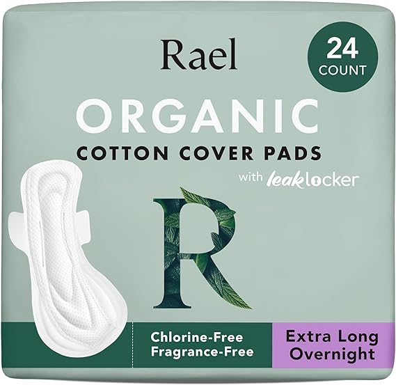Rael Pads for Women, Organic Cotton Cover - Period Pads with Wings, Feminine Care, Sanitary Napkins, Ultimate Absorbency, Unscented, Ultra Thin (Extra Long Overnight, 24 Count)