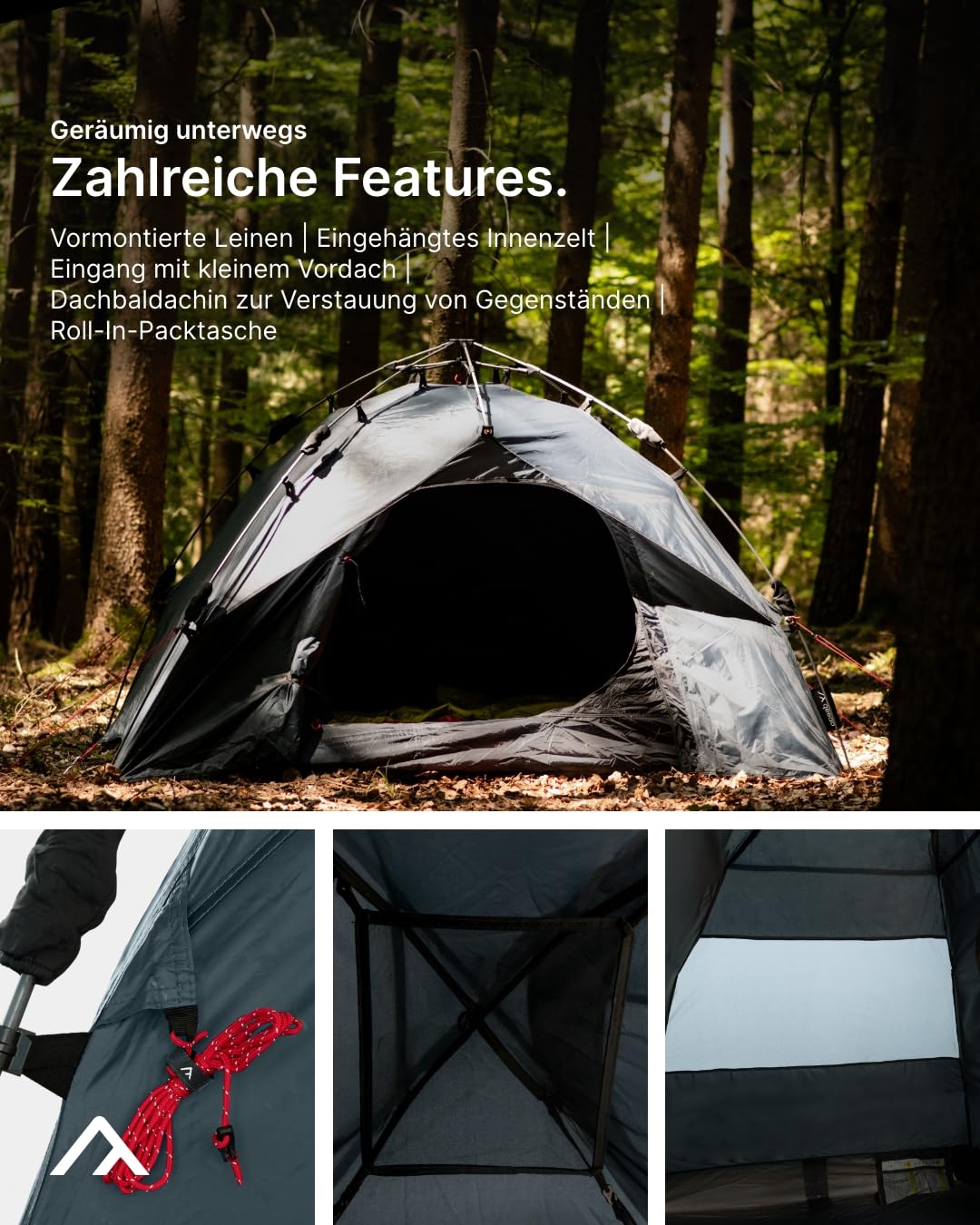 qeedo Quick Ash Campingzelt für 2 Personen mit Quick-Up-System (Schnellaufbau) - Zweimannzelt leicht & wasserdicht, Eingang mit Moskitonetz und kleinem Vordach - Kuppelzelt mit schnellem Auf- & Abbau