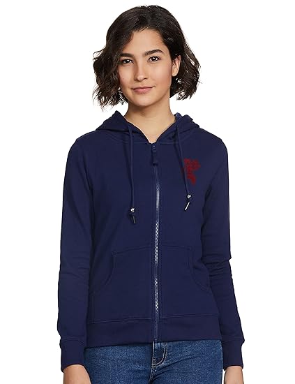 Women Navy Zip-Up Cotton Solid Hood Sweatshirt