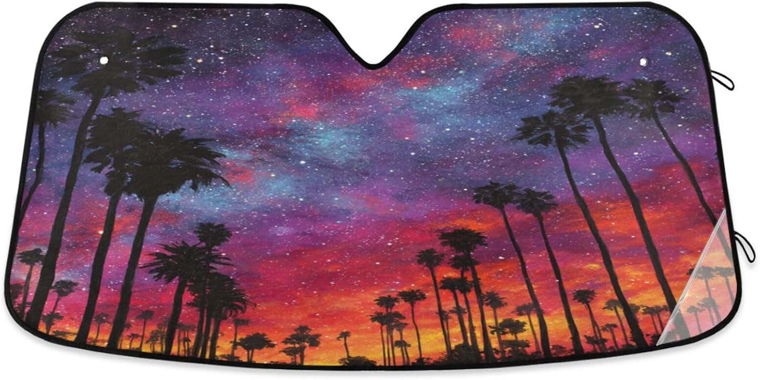 Car Windshield Sun Shade Sunset Sky Palm Trees Reflective Sunshade for Ultimate Protection Fits Small Sedans, Mini SUVs, Hatchbacks