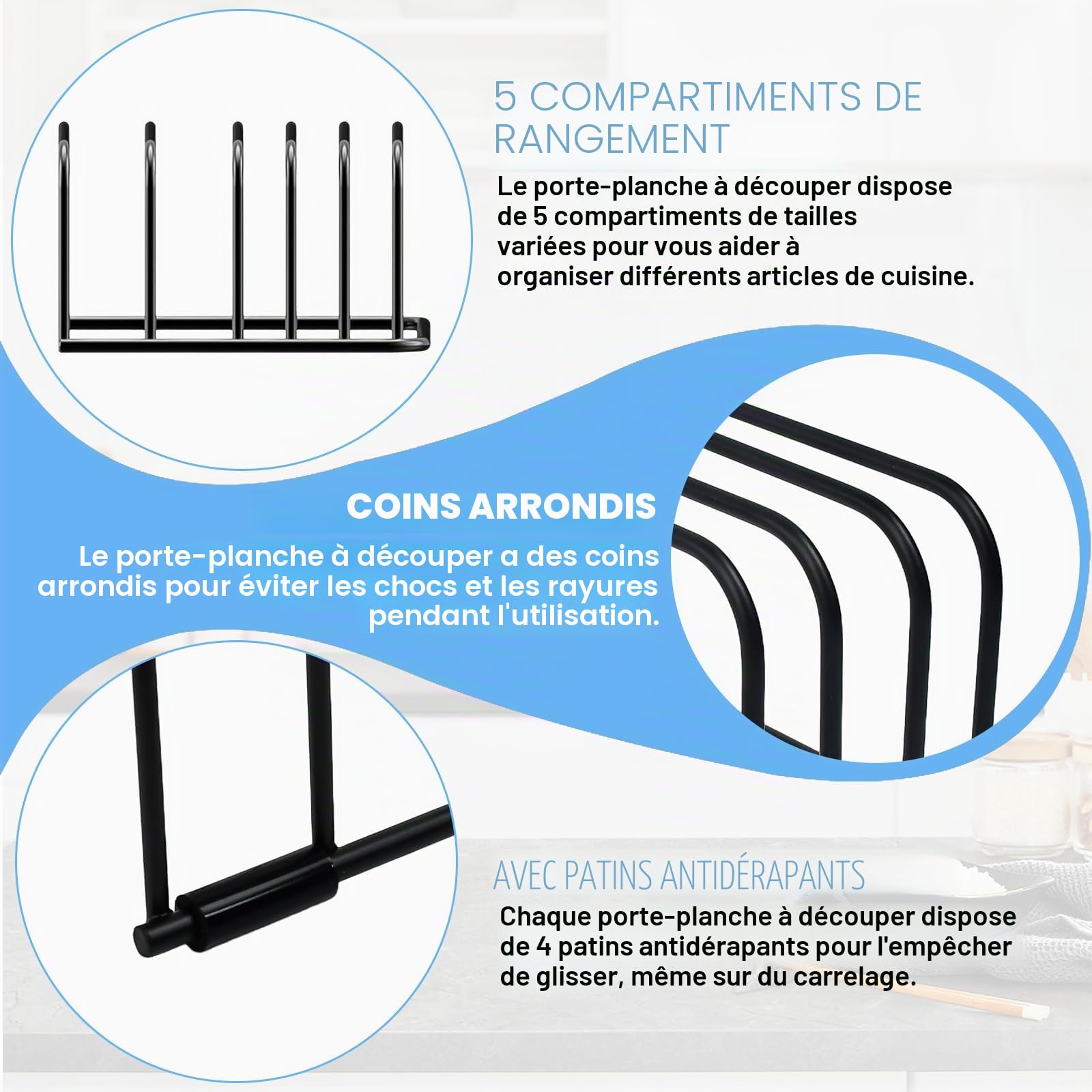 2 Pcs Support Planche à Découper en Acier au Carbone, Porte Planche à Découper avec 5 Fentes, Support pour Planches de Cuisson avec 8 Patins Antidérapants, pour Cuisine Plateau Drainage, Noir