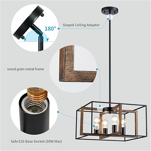 Miniatura 5 de XINGQI Candelabro cuadrado de 4 luces, iluminación colgante moderna para isla de cocina, comedor, sala de estar, lámparas de granja en negro +