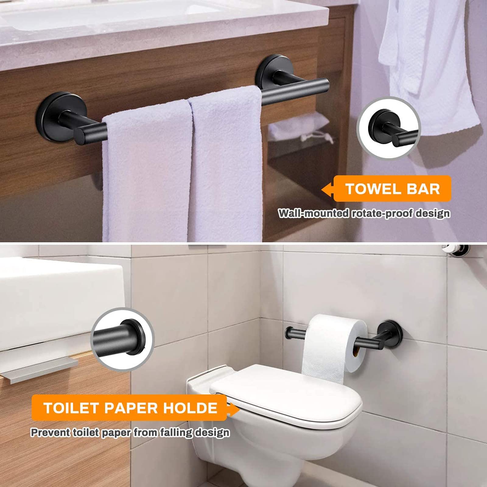 Toallero Baño - 5 Piezas Juego De Accesorios Baño Toallero Barra + Portarrollos para Papel Higiénico +3 Perchas, Acero Inoxidable, Instalación del Agujero, Adecuado para Baño-Cocina,Negro