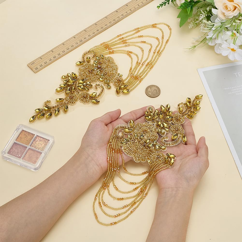 FINGERINSPIRE 1 Paar Strass-Applikation für Kleidung, goldene Schulterklappen, Schulteraufnäher, Nähen, Strass, Perlen, Quaste, Applikation für Hochzeitskleid, DIY-Zubehör