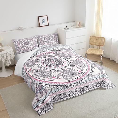 Miniatura 4 de Manfei Juego de edredón bohemio tamaño matrimonial, juego de ropa de cama con estampado de elefante bohemio de 3 piezas para niños y niñas,