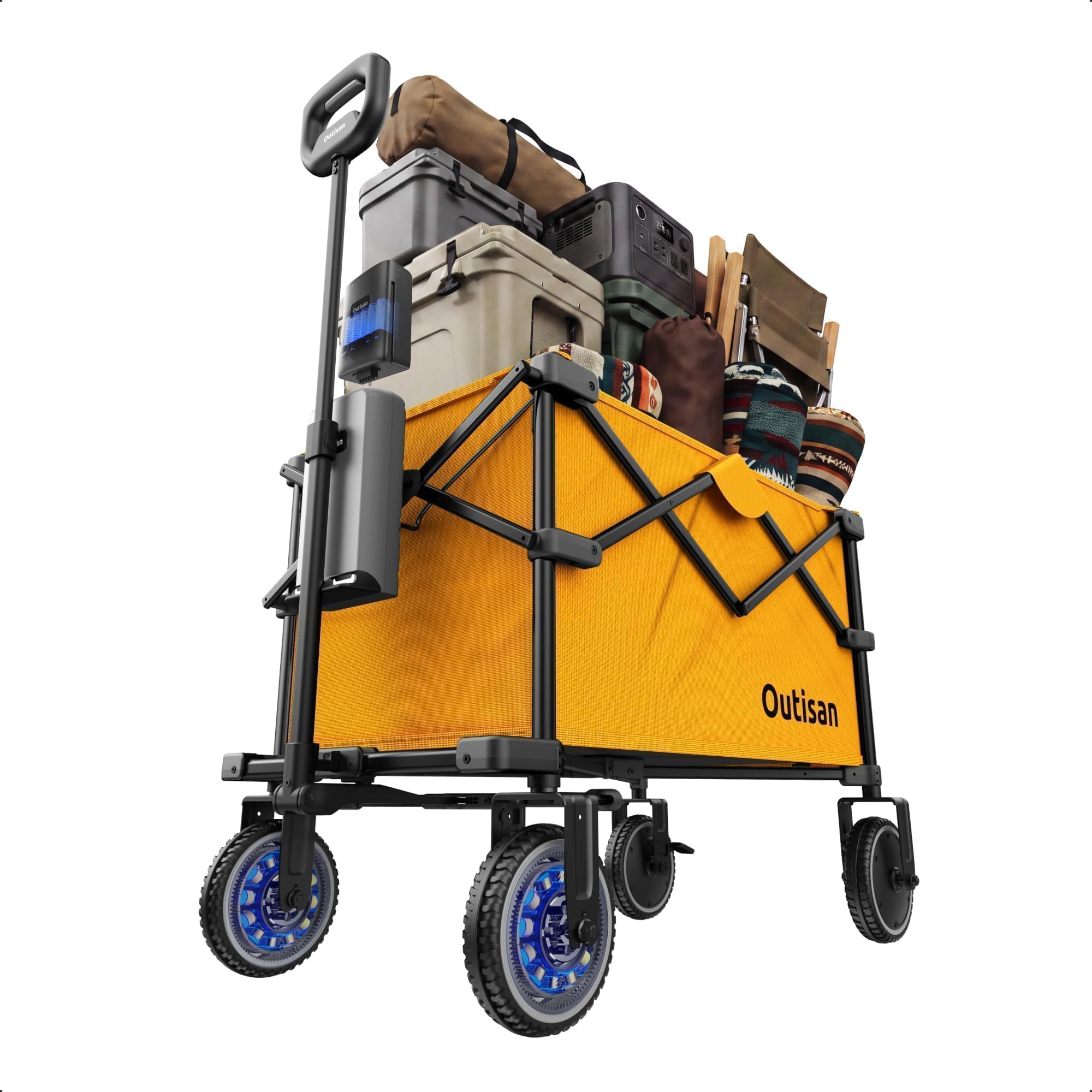 Outisan e-Wagon Lite Electric Wagon Cart, 165 lbs Heavy-Duty Collapsible Utility Wagon with Up to 300L Storage, Dual-Motor Assist, Auto Brake, All-Terrain Wheels for Camping, Garden, Golden Sunshine