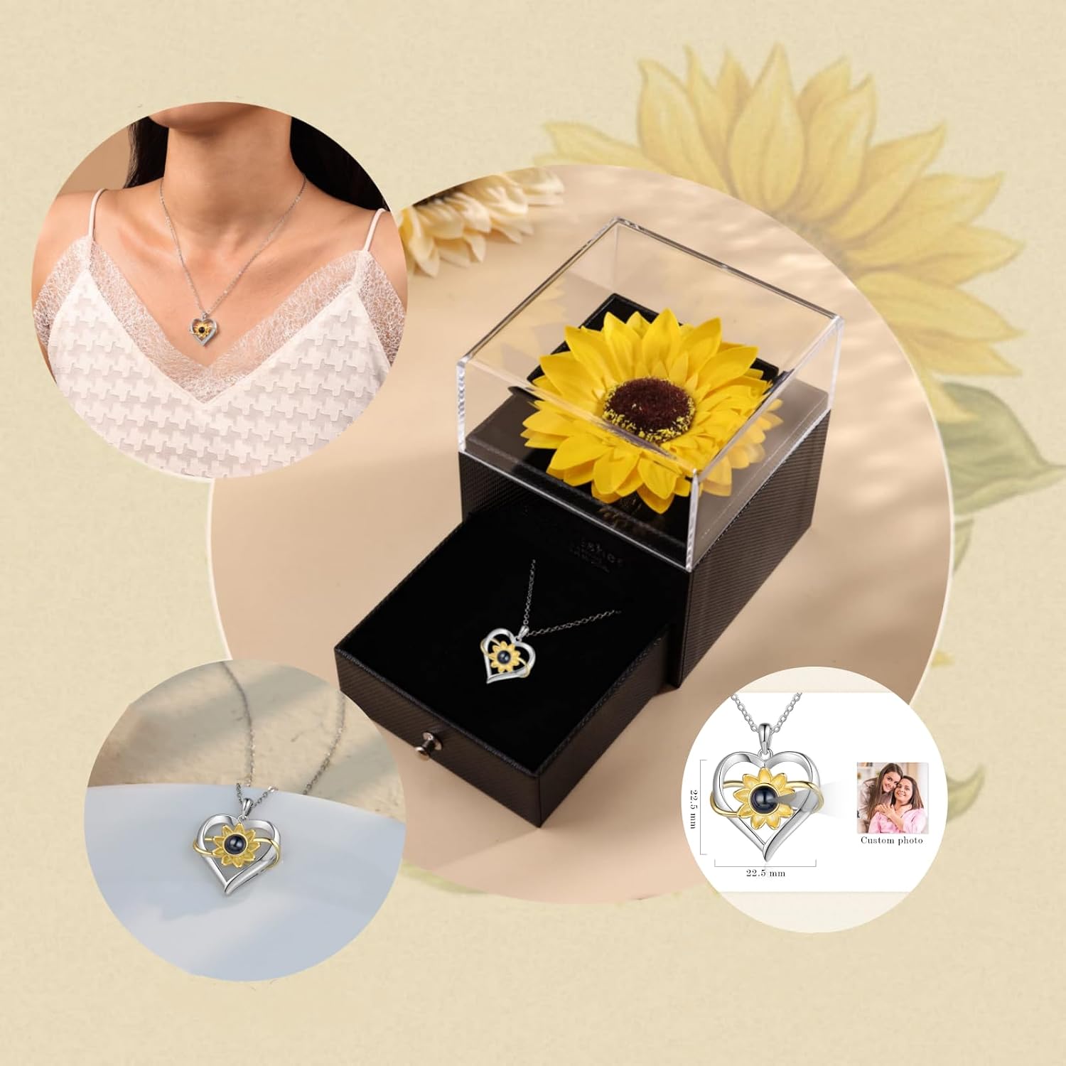 Nameinhea Projection Necklace with Picture Inside Custom Photo Sunflower Necklace for Women Memorial Necklace with Picture Mom Necklace