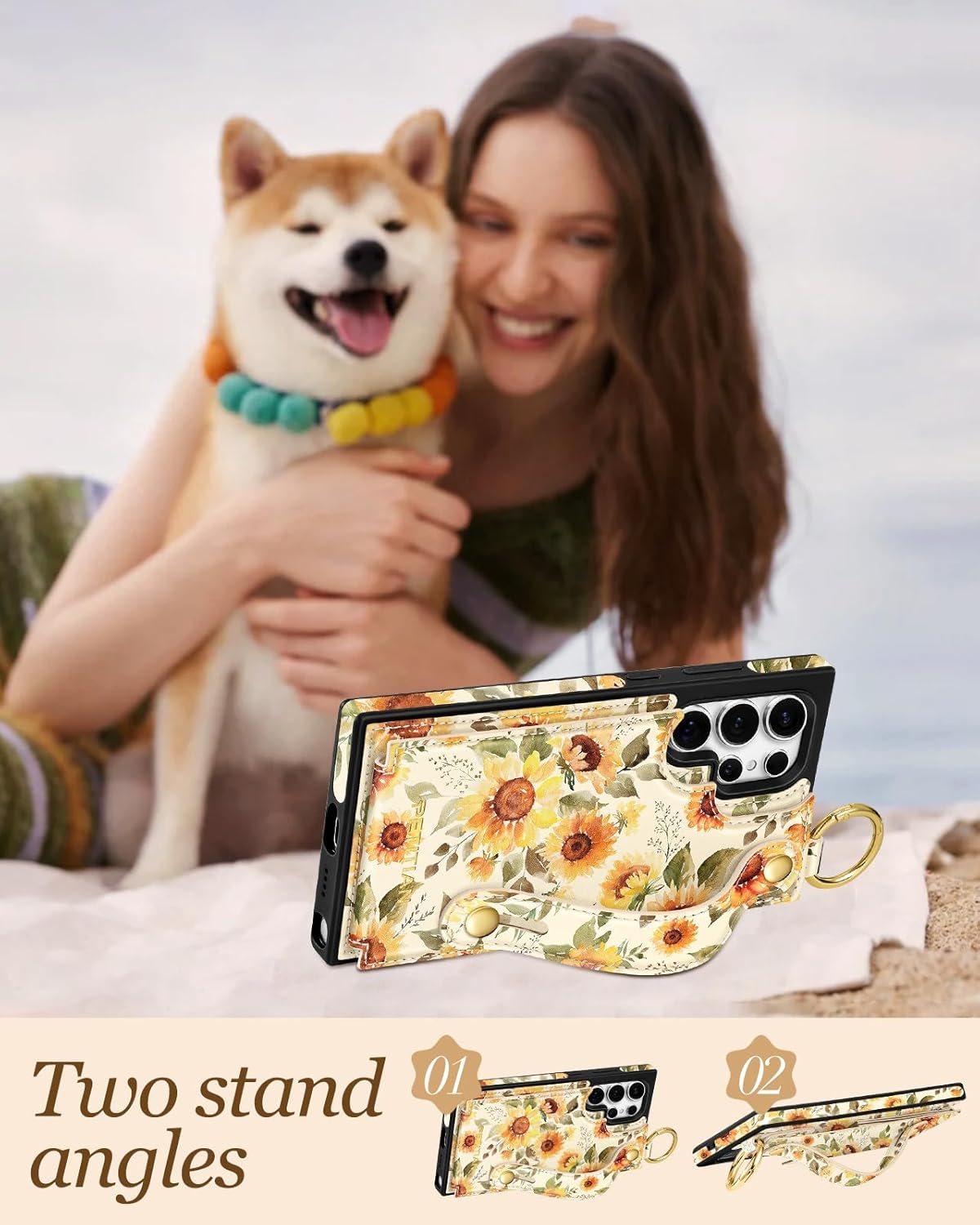 Petitian for Samsung Galaxy S25 Ultra Case with Wallet - Women Girls Cute Girly Aesthetic Unique Design Leather Credit Card Holder Cardholder Stand Wristband for S25 Ultra, Sunflower - Image 5