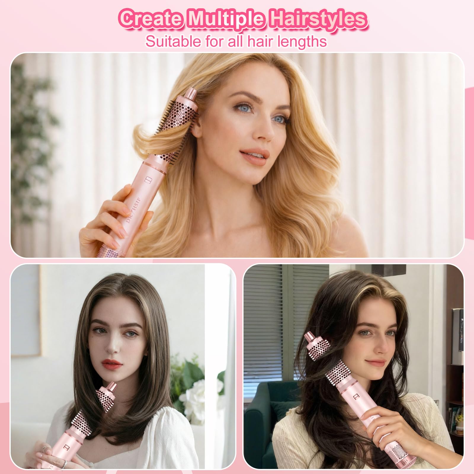 Dryhsip Cepillo Secador, Cepillo de Aire Caliente 5 en 1, Secador y Moldeador con Cabezales Desmontables (Rizador, Voluminizador, Alisador, Rizador), Viaje Ligeros para Mujeres (Sakura)