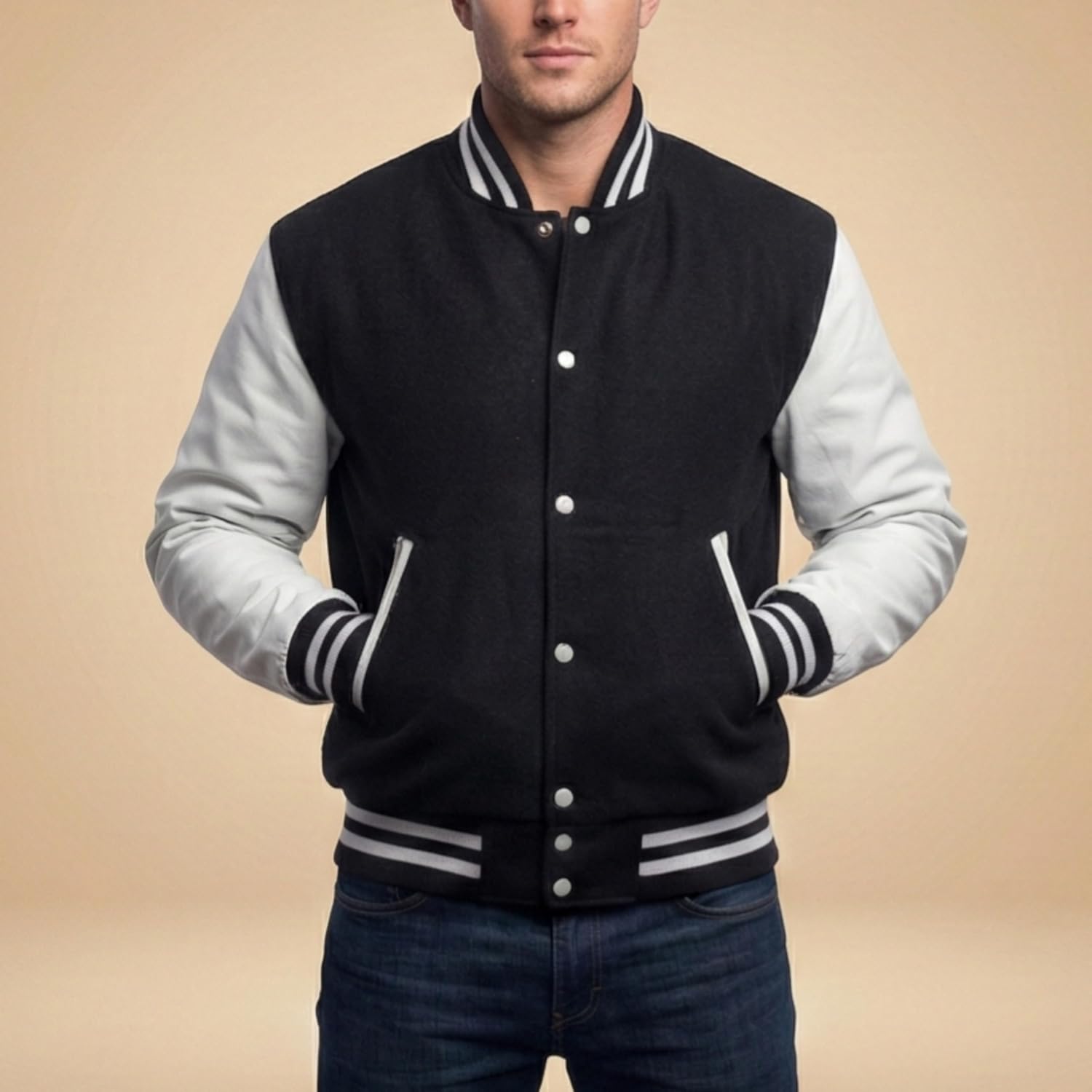 Men's Black Varsity Jacket Genuine White Leather Sleeves Wool Blend Letterman College Bomber Coat XS-3XL