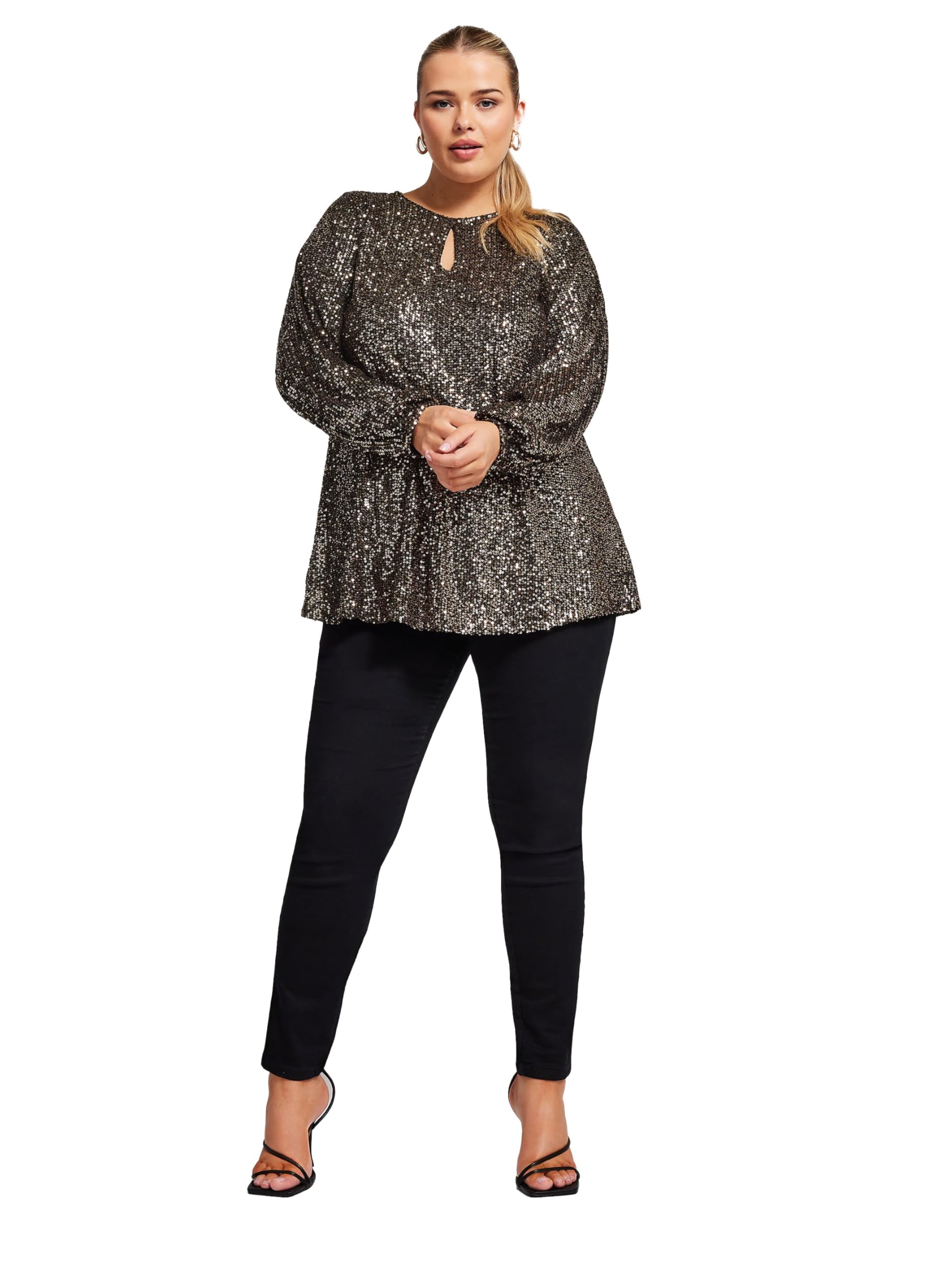 Yours Curve Sequin Keyhole Long Sleeve Balloon Sleeve Top - Gold - Size 18